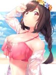  1girl artist_name bikini blush bow braid breasts brown_eyes brown_hair cleavage cloud cloudy_sky collarbone floral_print flower hair_flower hair_ornament hand_on_own_forehead highres idolmaster idolmaster_shiny_colors large_breasts long_hair looking_at_viewer ocean parted_lips pink_bikini rash_guard single_braid sky solo sunlight swept_bangs swimsuit tsukioka_kogane ubo_(ubo_tales) undressing 