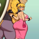  1boy 1girl alternate_costume armlet ass bag blonde_hair blue_eyes blush bowser bracelet breasts collar dress earrings green_background grey_pants handbag highres holding holding_bag huge_ass jewelry large_breasts long_hair looking_at_viewer mario_(series) mrpotatoparty pants pink_dress ponytail princess_peach sideboob simple_background sphere_earrings spiked_armlet spiked_bracelet spiked_collar spikes 