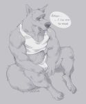 2022 4_toes abs anthro arm_tuft bulge canid canine canis claws clothing contemplating crop_top dialogue digital_drawing_(artwork) digital_media_(artwork) e-w01f elbow_tuft eyebrows feet fluffy fluffy_tail frown frown_eyebrows full-length_portrait grey_background half-closed_eyes hands_in_lap head_tuft hi_res jockstrap knee_tuft leg_tuft male mammal monochrome muscular muscular_anthro muscular_arms muscular_male narrowed_eyes portrait shirt shoulder_tuft signature simple_background sitting solo speech_bubble tail tank_top thick_eyebrows thick_neck toes topwear tuft underwear white_clothing white_crop_top white_jockstrap white_underwear wolf 