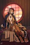  anthro breasts claws clothed clothing deep_cleavage felid female fur hair hi_res looking_at_viewer mammal orange_body orange_fur pantherine pink_nose red_hair shamerli sitting smile solo striped_body striped_fur stripes tiger whiskers window yellow_eyes 