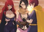  3girls ahonoko arms_under_breasts bare_shoulders bodysuit breasts brown_eyes brown_hair cape choker cleavage clothing_cutout cowboy_shot facial_mark fingerless_gloves fire_emblem fire_emblem:_the_blazing_blade fire_emblem_engage fire_emblem_fates gloves hair_ornament hair_over_one_eye holding holding_map kagero_(fire_emblem) large_breasts leila_(fire_emblem) long_hair map medium_breasts multiple_girls ninja outdoors ponytail purple_bodysuit red_eyes red_hair scarf short_hair side_cutout star_(symbol) star_facial_mark star_hair_ornament sunset thighs yellow_cape yellow_scarf yunaka_(fire_emblem) 