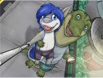  alligator alligatorid anthro benji_(artist) benji_alligator_(benji) braces cellphone clothed clothing crocodilian detailed_background duo lifting_another looking_at_viewer male phone reptile scalie selfie selfie_stick semi-anthro sharp_teeth smile teeth 