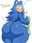 &lt;3 animal_crossing anthro apron apron_only big_breasts big_butt blue_body blue_hair blush breasts butt clothing english_text eulipotyphlan exclamation_point eyes_closed female gesture gloves_(marking) hair hedgehog hi_res huge_breasts huge_butt huge_hips huge_thighs mabel_able mammal markings mostly_nude nintendo open_mouth side_boob solo startop text thick_thighs v_sign wide_hips 