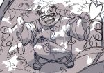  2023 anthro bear clothing eyewear giant_panda glasses hi_res humanoid_hands kemoniku120 kemono male mammal necktie outside overalls overweight overweight_male shirt solo topwear 