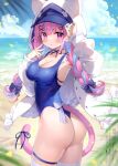  1girl absurdres adjusting_clothes adjusting_headwear animal_ear_hood animal_ears armpits ass ayamy beach blue_hair blue_sky blurry blurry_background blush braid breasts buttons character_name cleavage cloud cloudy_sky collarbone day fingernails hair_ornament hairclip highleg highleg_swimsuit highres hololive hood jacket large_breasts long_hair long_sleeves looking_at_viewer minato_aqua multicolored_hair nail_polish ocean open_clothes open_jacket outdoors parted_lips petals purple_eyes purple_hair scan simple_background sky solo swimsuit tail thigh_strap thighhighs thighs twin_braids twintails twisted_torso virtual_youtuber visor_cap water x_hair_ornament 