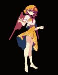  1girl 4qw5 animal animal_on_head barefoot bird bird_on_head black_background blonde_hair chick dress full_body multicolored_hair niwatari_kutaka on_head orange_dress pixel_art red_eyes red_hair red_wings shirt short_hair short_sleeves simple_background solo touhou two-tone_hair white_shirt wings 