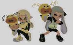  2girls agent_3_(splatoon) agent_3_(splatoon_3) black_footwear black_shorts braid closed_mouth dr_mice eyebrow_cut grey_background high-visibility_vest highres holding inkling inkling_girl jacket long_hair long_sleeves multiple_girls one_eye_closed orange_eyes pointy_ears shoes shorts side_braid simple_background smile sneakers splatoon_(series) splatoon_3 standing tentacle_hair twintails yellow_eyes yellow_footwear yellow_jacket zapfish 