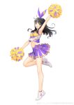  1girl :d absurdres arm_up armpits bare_arms bare_legs black_hair blue_eyes bow bow_hairband ccg_expo cheerleader clothes_writing crop_top from_side full_body hairband heel_up highres holding holding_pom_poms leg_up looking_at_viewer looking_to_the_side miniskirt navel open_mouth pleated_skirt pom_pom_(cheerleading) purple_bow purple_hairband purple_skirt shoes skirt sleeveless smile sneakers solo standing standing_on_one_leg star_(symbol) tony_taka weibo_logo weibo_username white_background white_footwear zi_ling 