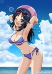  1girl bikini black_hair blue_bikini blue_eyes blush breasts cleavage collarbone eyewear_on_head freckles girls_und_panzer large_breasts long_hair looking_at_viewer navel ocean one_eye_closed open_mouth outdoors seki_(hyokosho) side-tie_bikini_bottom sky smile solo sunglasses swimsuit yamagou_ayumi 