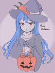  1girl black_headwear blue_hair grey_background halloween halloween_bucket halloween_costume happy_halloween hat hinanawi_tenshi long_hair looking_at_viewer meikai_(swr_104) open_mouth peach_hat_ornament red_eyes solo touhou upper_body witch_hat 