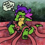  anthro clothing female gradient_hair green_body green_scales green_spots hair hole_(pit) lizard messy_hair multicolored_body nude oblivious pink_hair purple_hair queen_susie reptile scales scalie scar simple_background snap solo sound_effects spots stuck stuck_in_ground tail tentacle_pit tentacle_trap tentacles tentacles_around_legs text thick_tail thought_bubble torn_clothing trixie_(queen_susie) two_tone_body unawareacles underbelly yellow_underbelly 