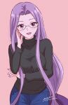  1girl absurdres denim fate/stay_night fate_(series) forehead glasses highres jeans long_hair looking_at_viewer medusa_(fate) medusa_(rider)_(fate) pants pink_background purple_eyes purple_hair purple_nails simple_background solo sweater tsunemoku turtleneck turtleneck_sweater upper_body 
