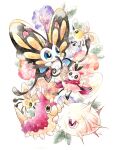  absurdres alternate_color beautifly black_eyes blue_eyes bug butterfly cutiefly flower highres no_humans non_(kumakawayusu) open_mouth pink_eyes pokemon pokemon_(creature) purple_flower red_flower ribombee shiny_pokemon signature silcoon simple_background traditional_media white_background wurmple 