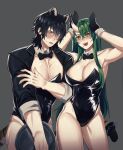  1boy 1girl :d absurdres animal_ears arknights bare_arms bare_shoulders black_hair black_jacket black_leotard broca_(arknights) cat_ears commentary_request cowboy_shot green_hair grey_background groin highres horns hoshiguma_(arknights) jacket kikan_(kikanoe) leotard long_hair long_sleeves looking_at_viewer open_clothes open_jacket open_mouth short_hair simple_background single_horn smile standing strapless strapless_leotard thighs very_long_hair yellow_eyes 