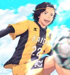  1boy :d ao_ashi black_hair blurry cloud day headband ika_choco jersey long_sleeves male_focus nakamura_taira outdoors short_hair shorts smile soccer_uniform solo sportswear standing yellow_headband 