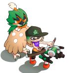  1girl baseball_cap beak bird black_leggings bow_(weapon) breasts commentary_request decidueye gradient_hair green_hair hat highres holding holding_bow_(weapon) holding_weapon inkling inkling_girl leggings medium_hair multicolored_hair one_eye_closed orange_hair orange_shirt owl pokemon pokemon_(creature) purple_eyes purple_shirt red_footwear shadow shirt shoes simple_background small_breasts splatoon_(series) splatoon_3 tri-stringer_(splatoon) two-tone_hair two-tone_shirt weapon white_background wings xdies_ds 