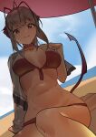  1girl ahoge antenna_hair arknights arm_support beach_umbrella bikini breasts breasts_apart choker closed_mouth cloud day feet_out_of_frame frown grey_hair hair_ornament hairclip hand_on_own_chest highres hu_tu looking_at_viewer medium_breasts navel outdoors raised_eyebrows red_bikini red_eyes shade short_hair sitting solo swimsuit tail umbrella w_(arknights) 