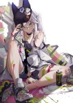  1girl absurdres banxsy_(girls&#039;_frontline_nc) black_headwear bracelet choker closed_mouth commentary_request full_body girls&#039;_frontline girls&#039;_frontline_neural_cloud green_eyes green_nails grey_shorts grey_tank_top hair_ornament hairclip hand_on_ground hand_on_headwear heterochromia highres inline_skates jacket jewelry knee_up long_hair long_sleeves looking_at_viewer multiple_thigh_straps necklace on_ground open_clothes open_jacket paint_on_body paint_splatter pink_eyes roller_skates shionagi_(sana) shorts single_bare_shoulder sitting skates solo spray_can spray_paint star_(symbol) star_choker strap_slip tank_top torn_clothes torn_shorts white_background white_footwear white_hair white_jacket 