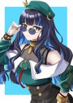  1girl bare_shoulders beret black_hair black_shorts blue_hair bracelet breasts buttons colored_inner_hair double-breasted fate/grand_order fate_(series) green_headwear green_jacket grey_eyes hat highres jacket jewelry long_hair long_sleeves looking_at_viewer multicolored_hair neck_ring o-ring off_shoulder round_eyewear sakura_kaoru_04 shorts sidelocks small_breasts solo sunglasses tenochtitlan_(fate) wavy_hair zipper 