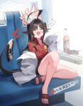  1girl ahoge black_hair black_horns blue_archive blush bottle closed_eyes demon_horns fang hair_intakes higashigure highres horns kasumi_(blue_archive) lab_coat long_hair open_mouth red_shirt sandals shirt sitting sleeves_past_wrists solo tail train_interior 