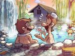  2boys :d ^_^ bamboo bamboo_forest bathhouse black_eyes blush brothers brown_hair bucket character_request closed_eyes cloud dorrie facial_hair fence forest hands_up highres hill leaf looking_at_another luigi male_focus mario mario_&amp;_luigi_rpg mario_(series) monkey multiple_boys mustache nature notice_lines onsen open_mouth orange_sky outdoors partially_submerged rock shared_bathing short_hair siblings sky smile steam topless_male towel towel_around_neck towel_on_head ukiki water waterfall wet wooden_bucket ya_mari_6363 yoshi 