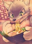  anthro canid canine chopsticks countershade_face countershade_fur countershading dark_ishihara eating eating_food egg fingers food fur holding_chopsticks holding_object kemono male mammal noodles pasta ramen solo 