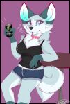  &lt;3 2022 3_fingers anthro beverage big_breasts black_border black_clothing black_eyelashes black_nose black_shirt black_tank_top black_topwear blue_bottomwear blue_clothing blue_eyes blue_inner_ear blue_shorts border bottomwear breasts can canid canine canis cea_(fluffyfoxarts) clothed clothing collar container cutoffs denim denim_bottomwear denim_clothing energy_drink eyebrows female fingers fluffyfoxarts focus_lines fully_clothed fully_clothed_anthro fully_clothed_female fur furniture grey_body grey_fur grey_tail hi_res holding_beverage holding_can holding_container holding_energy_drink holding_object hybrid leaning_on_table looking_at_viewer mammal monster_energy mouth_closed multicolored_body multicolored_fur paws pink_background pink_collar shirt shorts signature simple_background snout solo standing table tail tank_top teal_body teal_ears teal_fur topwear two_tone_inner_ear two_tone_tail white_body white_eyebrows white_fur white_inner_ear white_tail wolfdog 