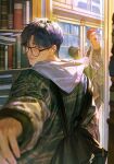  2boys backpack bag black_hair book bookshelf closed_mouth glasses hood hood_down hooded_jacket jacket jnkku library male_focus mirror mirror_image multiple_boys rukawa_kaede sakuragi_hanamichi short_hair slam_dunk_(series) smile twitter_username 