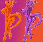  2018 3_toes alternate_color anthro areola big_breasts blue_eyes breasts butt digital_media_(artwork) feet female gradient_background green_eyes hand_on_hip helmeted_lizard hi_res justathereptile kahrah lizard looking_at_viewer membrane_(anatomy) nipples non-mammal_breasts nude orange_areola orange_background orange_body orange_nipples orange_scales orange_skin purple_areola purple_background purple_body purple_nipples purple_scales purple_skin raised_tail reptile scales scalie simple_background smile solo tail toes watermark 