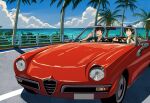  2boys :d black_hair bush car cigarette convertible driving fence floral_print ginoza_nobuchika happy highres holding holding_cigarette kougami_shin&#039;ya mechanical_arms motor_vehicle multiple_boys ocean open_clothes open_shirt outdoors palm_tree ponytail psycho-pass red_car road shirt short_hair single_mechanical_arm smile smoking swept_bangs tree tropical vehicle_request very_short_hair white_shirt wooden_fence yukin_(es) 