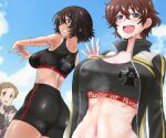  4girls :&lt; akaboshi_koume ass bike_shorts black_jacket black_shorts black_sports_bra blue_eyes blue_sky brown_hair clothes_writing cloud cloudy_sky commentary day emblem english_text from_behind german_text girls_und_panzer grin half-closed_eyes highres interlocked_fingers itsumi_erika&#039;s_loader jacket kojima_emi kuromorimine_(emblem) long_hair looking_at_viewer looking_back mauko_(girls_und_panzer) midriff multiple_girls nabeyu navel open_clothes open_jacket open_mouth outdoors own_hands_together ponytail short_hair shorts single_vertical_stripe sky smile solid_oval_eyes sports_bra sportswear standing stretching sweat sweatdrop tan tanlines track_jacket very_long_hair waving wavy_hair 
