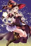  1girl alternate_costume black_dress boots breasts cleavage clothes_lift corrin_(female)_(fire_emblem) corrin_(fire_emblem) dress dress_lift fire_emblem fire_emblem_fates grey_hair halloween halloween_costume hat hat_ribbon high_heel_boots high_heels highres jack-o&#039;-lantern kakiko210 lantern looking_at_viewer medium_breasts open_mouth pointy_ears red_eyes ribbon smile solo star_(sky) witch witch_hat 
