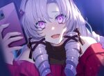  1girl :d bare_shoulders blush breasts drill_hair fuyuki_(neigedhiver) hair_ornament highres hyakumantenbara_salome long_hair nijisanji open_mouth purple_eyes purple_hair small_breasts smile solo virtual_youtuber 