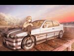  1girl black_pantyhose bmw brown_eyes brown_footwear brown_hair car cloud evening highres jettoburikku long_hair motor_vehicle original outdoors pantyhose sitting sitting_on_car sky solo sweater vehicle_request 