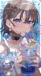  1girl absurdres air_bubble amahara_subaru black_choker blue_eyes blue_nails brown_hair bubble camisole choker cup drinking_straw earrings hair_between_eyes highres holding holding_cup ice ice_cube jewelry looking_at_viewer original ring short_hair solo underwater upper_body 