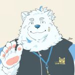  anthro bandage_on_face belly canid canine canis clothing domestic_dog fur gesture hi_res lifewonders live_a_hero male mammal nordic_sled_dog nw_1838 overweight pawpads samoyed solo spitz topwear vest waving white_body white_fur yohack 