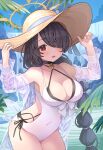  1girl absurdres bare_legs bare_shoulders bikini black_bikini black_hair blue_archive blush collarbone covered_navel cowboy_shot day hair_over_one_eye halo hat highres hinata_(blue_archive) hinata_(swimsuit)_(blue_archive) long_braid long_hair looking_at_viewer nomio one-piece_swimsuit open_mouth palm_leaf red_eyes smile solo swimsuit very_long_hair white_one-piece_swimsuit yellow_halo yellow_headwear 