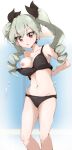  1girl :o anchovy_(girls_und_panzer) arms_behind_back black_ribbon breast_slip commentary_request commission drill_hair girls_und_panzer green_hair groin hair_ribbon long_hair looking_at_viewer medium_hair navel nipples open_mouth partial_commentary red_eyes ribbon skeb_commission solo standing twin_drills twintails wardrobe_malfunction yuzukiaz 