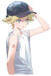  1boy aqua_eyes arm_tattoo baseball_cap blonde_hair blush cropped_torso hair_between_eyes hand_on_headwear hat highres kagamine_len looking_at_viewer male_focus naoko_(naonocoto) parted_lips ponytail shirt short_ponytail simple_background sleeves_rolled_up solo spiked_hair sweat tattoo upper_body vocaloid white_background white_shirt 