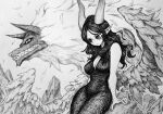  1boy 1girl absurdres breasts chronozbergh cleavage commentary dragon dress feathered_wings graphite_(medium) greyscale hatching_(texture) highres horns lady_echo long_dress medium_breasts monochrome sipho_(wakfu) sitting traditional_media wakfu wavy_hair wings 