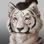  1:1 2021 anthro black_hair black_markings black_stripes cheek_tuft digital_media_(artwork) facial_tuft felid fur gradient_background grey_background hair hi_res male mammal markings pantherine purple_eyes shaded simple_background solo stripes tiger tuft white_body white_fur wolfbane154 