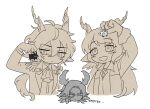  3boys :d :| animal_ears antlers arknights ascot bag_charm blush charm_(object) choppy_bangs closed_eyes closed_mouth collared_shirt cropped_torso czerny_(arknights) deer_antlers deer_boy deer_ears ebenholz_(arknights) epaulettes hair_between_eyes holding holding_charm holding_weapon jacket jewelry kreide_(arknights) lapels long_hair long_sleeves looking_at_object low_ponytail male_focus mole mole_under_mouth monocle multiple_boys multiple_monochrome necklace notched_lapels parted_bangs pq shirt sideways_glance sleeveless sleeveless_jacket smile sweatdrop weapon white_background wing_collar 