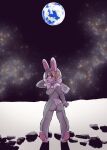  anthro biped blonde_hair clothed clothing dangan earth female fur hair lagomorph leporid looking_back mammal moon rabbit rear_view solo space spacesuit white_body white_fur 