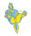  animal_genitalia anthro anus arts) balls blue_and_yellow blue_body blue_fur blush butt canid canine canine_genitalia canis claws digitigrade_heels digitigrade_paws facial_hair finger_claws fully_sheathed fur genitals goatee hair hi_res holding_both_legs inner_ear_fluff looking_at_viewer lying male mammal neckfluff nude on_back pawpads presenting presenting_anus presenting_hindquarters sheath simple_background smile solo suggestive_pose tail toe_claws tuft turbo_(turbo_arts) turbo_arts wolf yellow_body yellow_fur 