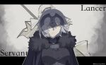  1girl armor black_dress breasts cloak closed_mouth dress expressionless fate/samurai_remnant fate_(series) frown grey_hair headpiece highres house_tag_denim jeanne_d&#039;arc_alter_(fate) large_breasts polearm twitter_username weapon yellow_eyes 