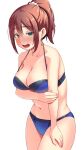  1girl bikini blue_bikini breasts brown_hair cleavage collarbone commentary_request cowboy_shot green_eyes highres holding_own_arm large_breasts leaning_forward medium_hair open_mouth original ponytail round_teeth simple_background solo swimsuit teeth upper_teeth_only wagemappa white_background 