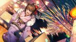  1girl animal_ears brown_eyes brown_hair cat_ears cat_tail cluseller dutch_angle facial_mark final_fantasy final_fantasy_xiv fireworks flower hair_flower hair_ornament japanese_clothes kimono long_hair looking_at_viewer miqo&#039;te night obi open_mouth ponytail sash solo tail warrior_of_light_(ff14) whisker_markings wide_sleeves 