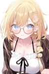  1girl black_ribbon blue_eyes blush breasts brown_coat cleavage coat collarbone deyui earrings glasses hair_ornament heart heart_earrings hololive hololive_english jewelry large_breasts looking_at_viewer magnifying_glass monocle_hair_ornament official_alternate_costume plaid_coat ribbon solo virtual_youtuber watson_amelia watson_amelia_(2nd_costume) white_background 