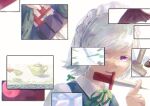  1girl artist_name clock cup dagger highres holding holding_cup izayoi_sakuya knife looking_at_viewer medium_hair moon red_eyes red_moon red_sky roman_numeral shee_take shirt signature sky solo teacup teapot touhou weapon white_headwear white_shirt 