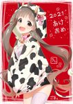  1girl 2021 animal_ears animal_print asymmetrical_legwear bell blush breasts brown_eyes brown_hair chinese_zodiac choker cow_ears cow_horns cow_print cow_tail cowbell cowboy_shot dot_nose dress fake_animal_ears fake_horns fake_tail flower frilled_dress frills from_side goma_konbu hair_flower hair_ornament hakozaki_serika happy_new_year highres hood hood_up hoodie hoodie_pull horns idolmaster idolmaster_million_live! idolmaster_million_live!_theater_days long_hair long_sleeves looking_at_viewer mismatched_legwear neck_ribbon open_mouth pink_dress pink_ribbon pink_thighhighs plum_blossoms print_hoodie red_background red_choker red_flower ribbon signature single_thighhigh small_breasts smile solo sparkle standing striped striped_dress striped_thighhighs tail thighhighs twintails very_long_hair 